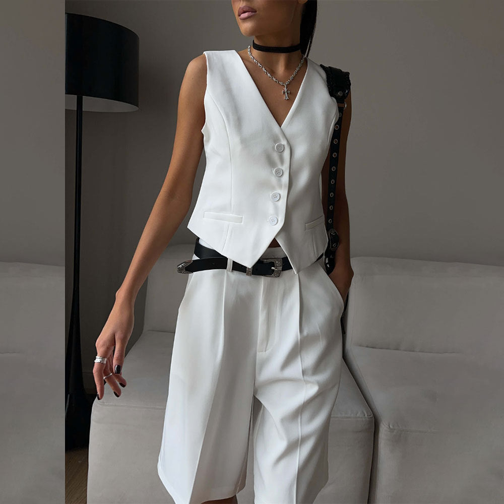 Chaleco Chaqueta Primavera Verano Cuello en V Chaleco de un Solo Pecho Pantalones Cortos Rectos Conjunto