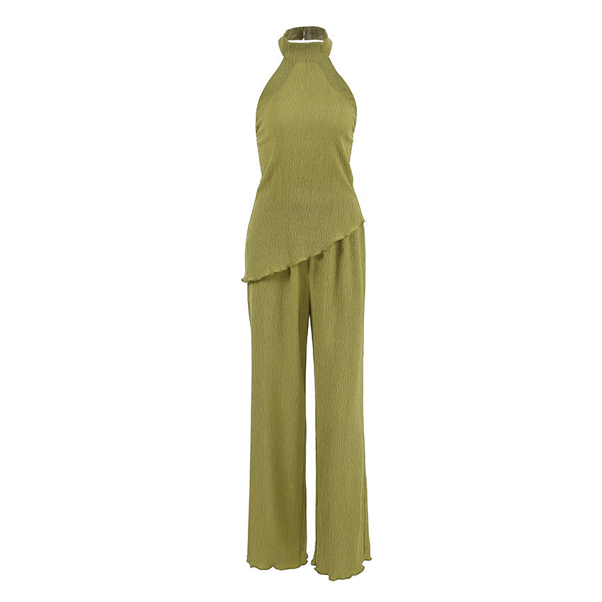Conjunto de dos piezas formado por chaleco y pantalón ancho, para oficina, primavera y verano, color verde, sin mangas, para mujer