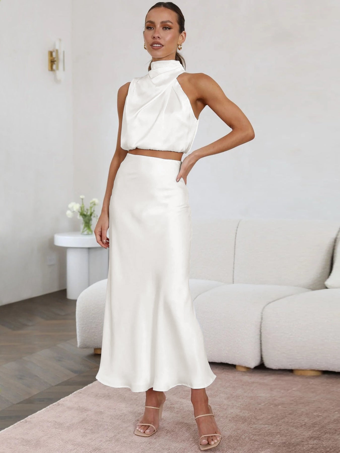 Ropa de verano para mujer, conjunto informal con falda drapeada y bufanda sexy, vestido de noche para mujer