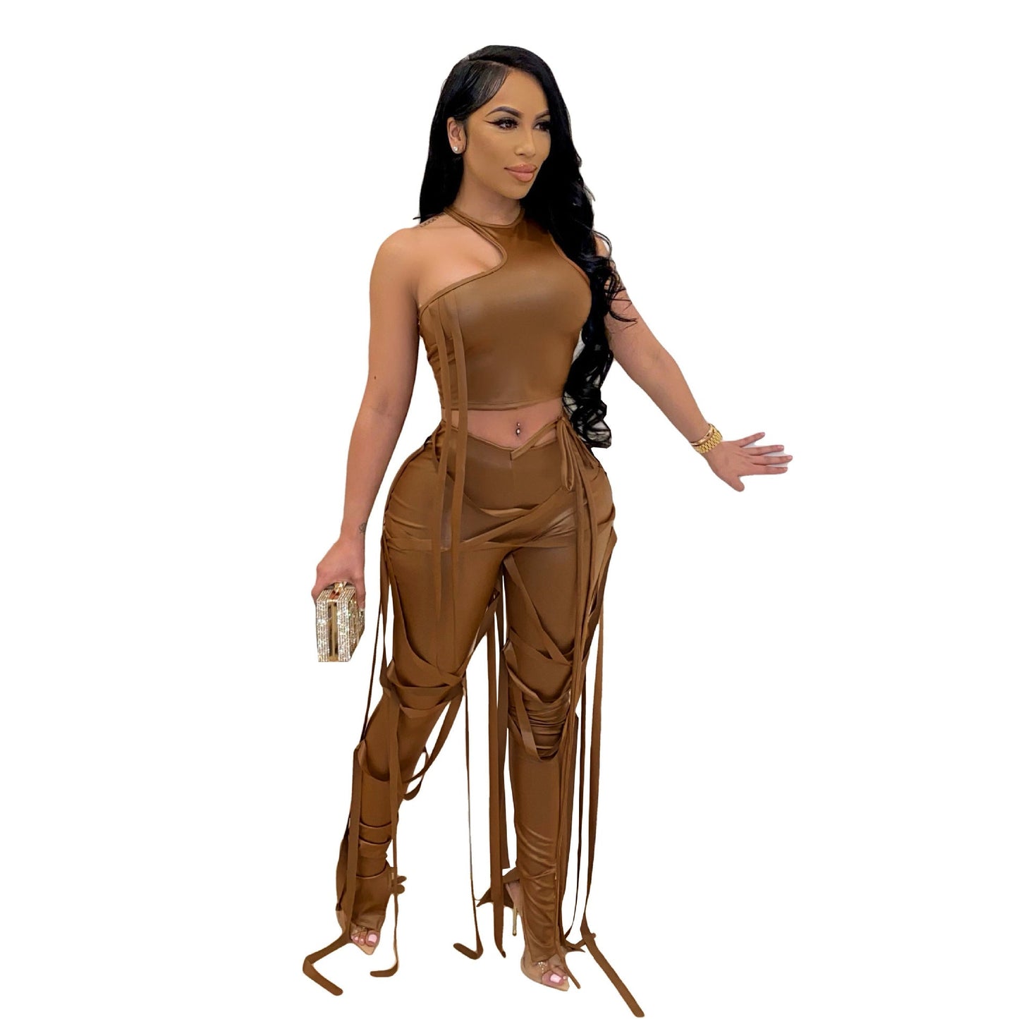 Ropa de mujer, traje sexy de dos piezas, chaleco, traje con tirantes, pantalones de piel sintética, discoteca, verano
