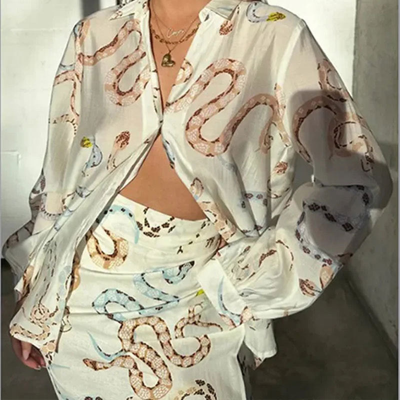 Ropa de verano para mujer, elegante vestido de manga larga con estampado de serpiente y aberturas, traje holgado.