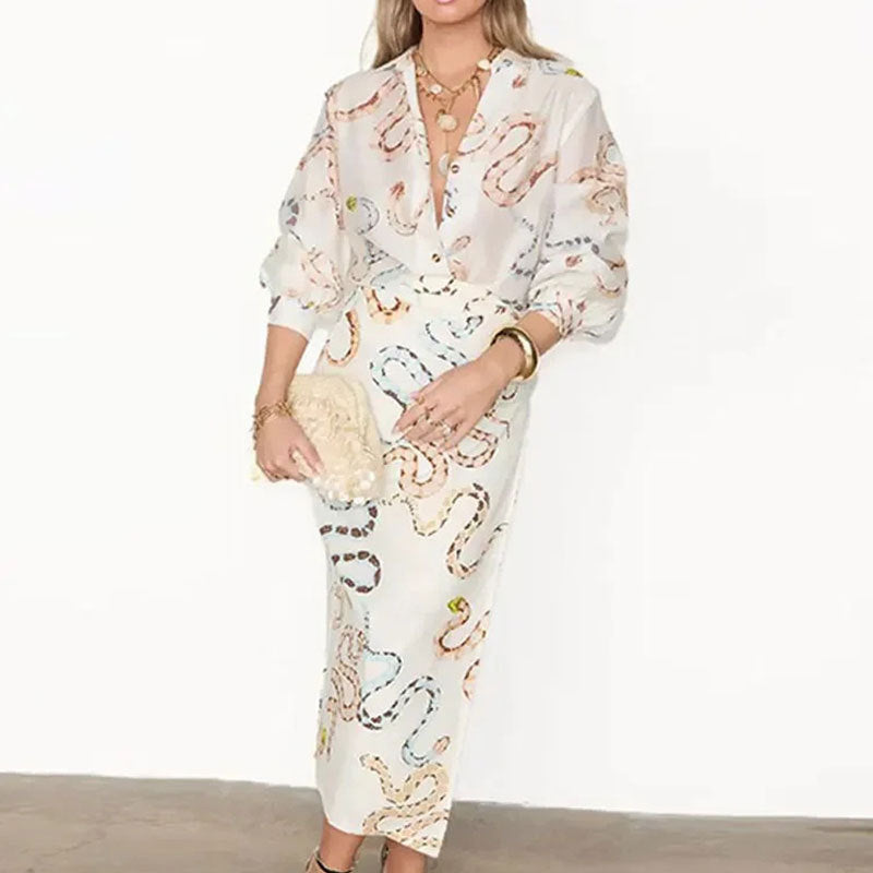 Ropa de verano para mujer, elegante vestido de manga larga con estampado de serpiente y aberturas, traje holgado.