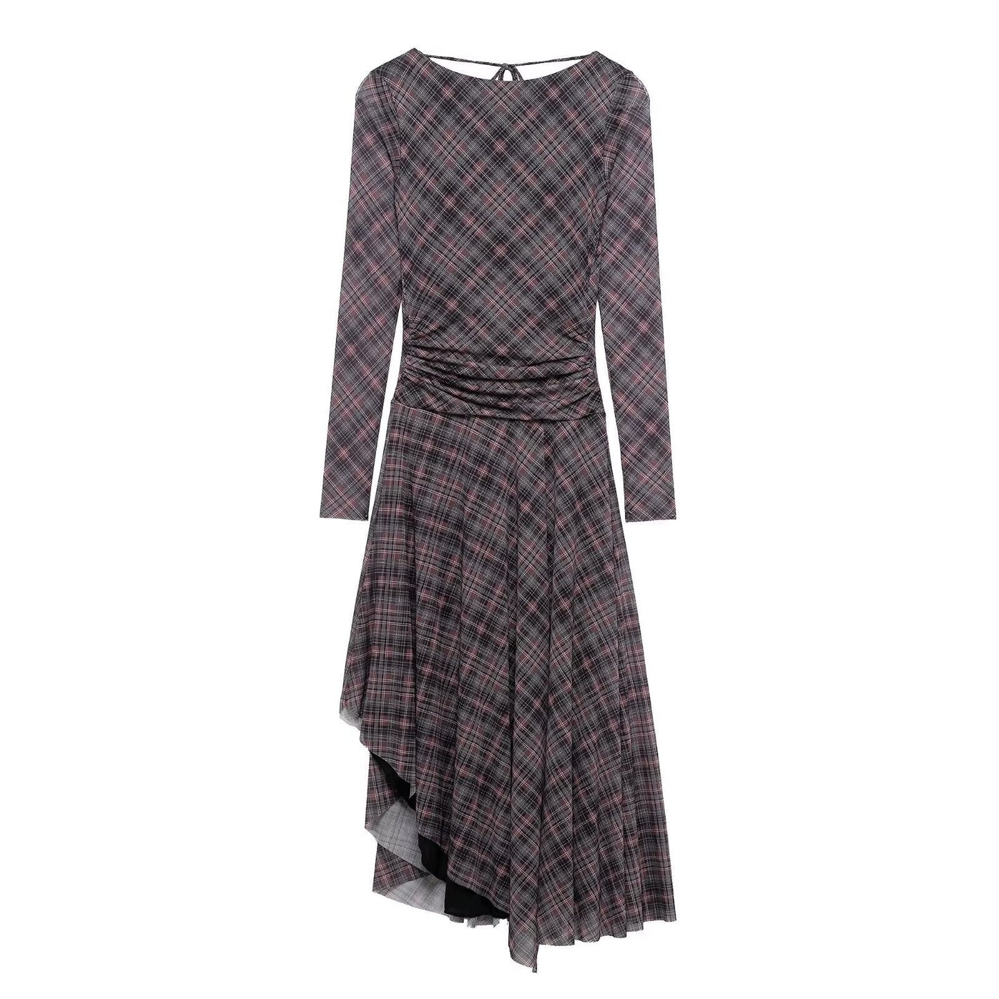 Vestido de mujer con escote en V, sexy, plisado, de red de seda, de manga larga