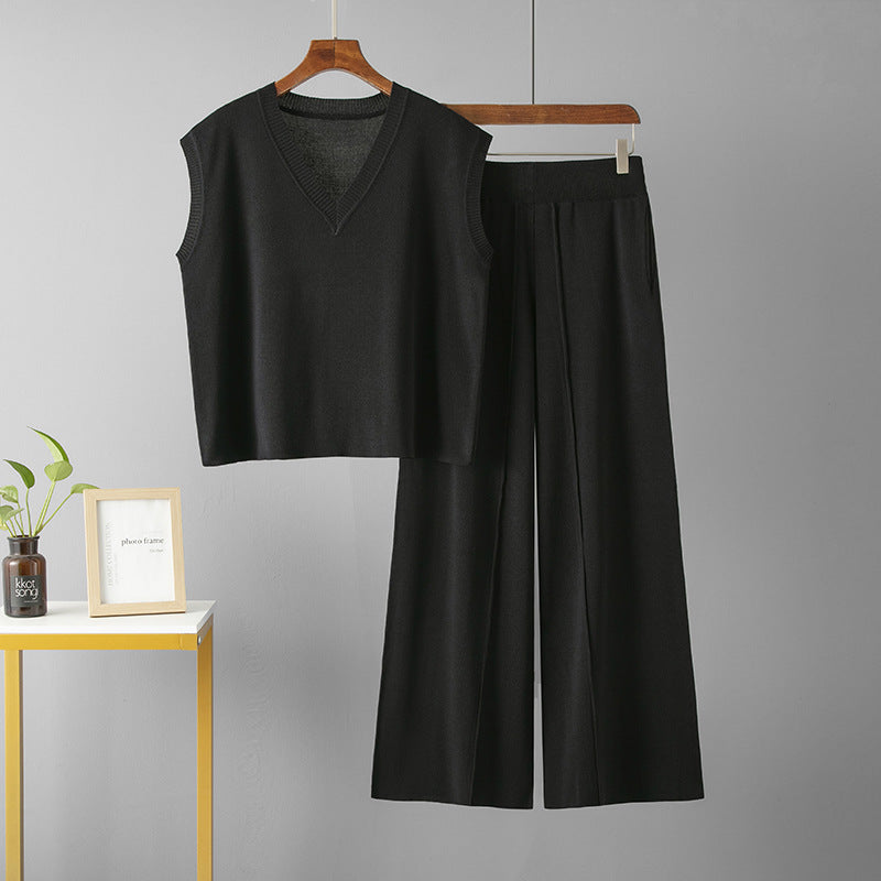 Traje de mujer con cuello en V, suelto, sin mangas, de punto, chaleco, top de cintura alta, suelto, adelgazante, informal, con abertura, pantalones de pierna ancha