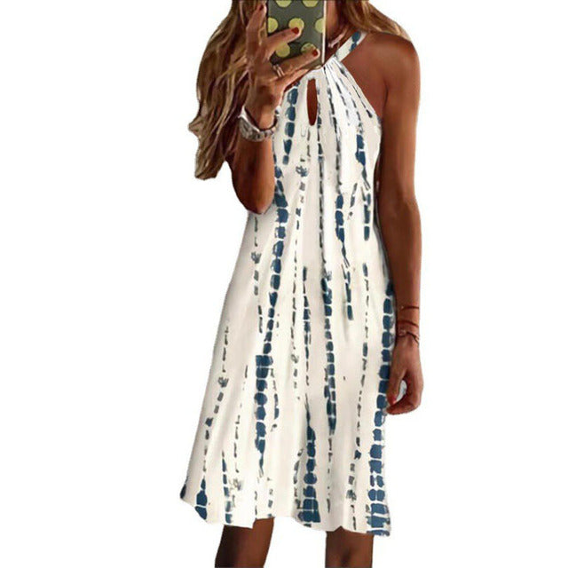 Vestidos cortos con cuello halter y estampado sencillo para mujer, moda informal, con aberturas en la espalda, sin mangas, para ir al trabajo