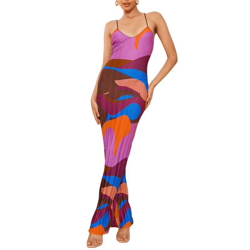 Vestido plisado para mujer, estampado floral/tie-dye/color liso, tirantes finos, sin mangas, para salir y fiestas.