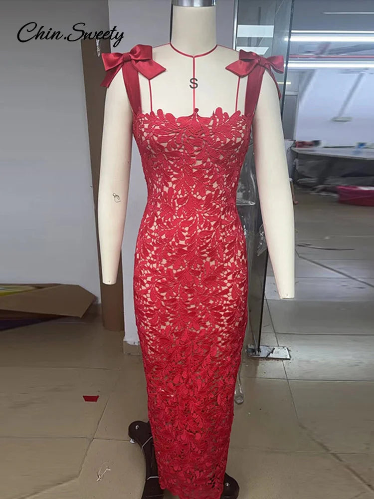 Vestido de fiesta largo rojo sexy con aberturas para mujer, con cordones, ajustado a la cadera, sin mangas, para Navidad, 2025