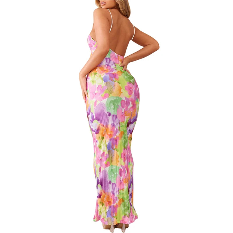 Vestido plisado para mujer, estampado floral/tie-dye/color liso, tirantes finos, sin mangas, para salir y fiestas.