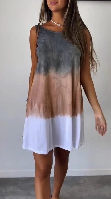 Vestidos cortos con estampado tie-dye degradado para mujer, novedad de verano 2025, moda holgada, cuello redondo, sin mangas, ropa de calle de moda, vestidos para mujer