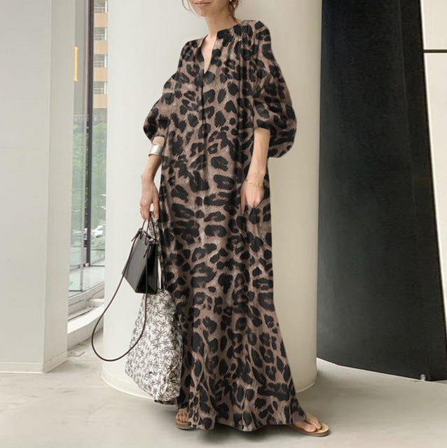 Leopard Print Long Dresses Women Fashion Temperament V-neck Puff Sleeves Loose Dress Trendy Bohemian Style Vestidos Spring New
