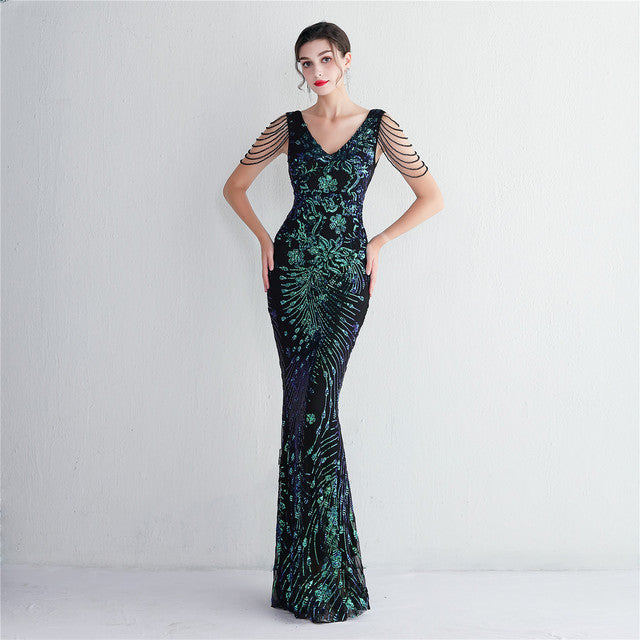 Vestido sexy sin mangas con escote en V, con piedras y cristales, lentejuelas y borlas, elegante, de fiesta, largo y de cintura alta.