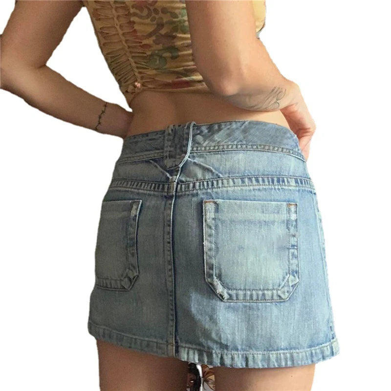 Falda vaquera estética de los años 2000 Y2K para mujer, estilo grunge Harajuku, minifalda vaquera corta con bolsillos, moda coreana, ropa de calle.
