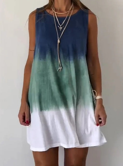 Vestidos cortos con estampado tie-dye degradado para mujer, novedad de verano 2025, moda holgada, cuello redondo, sin mangas, ropa de calle de moda, vestidos para mujer