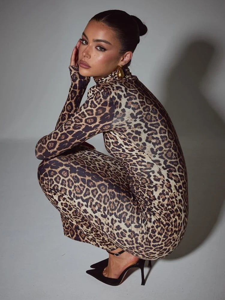 Leopard Print Long Sleeve Sexy Maxi Dress For Women Autumn Winter Fashion Elegant Turtleneck Printed Bodycon Long Dress