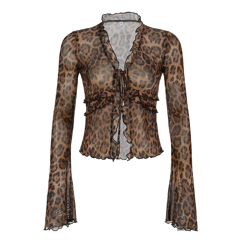 Leopard Print Lace-Up Blouse Shirts Women Semi-Sheer Mesh Elegant Fashion Sexy Flared Sleeve Ruffled Cardigan Tops