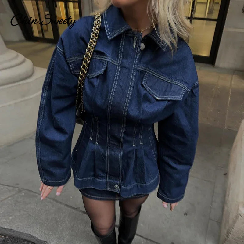 Chaqueta vaquera de calle para mujer, con solapa, mangas largas y cremallera, azul oscuro, cintura ceñida, abrigos vaqueros para mujer, primavera 2025, ropa exterior Y2K para mujer