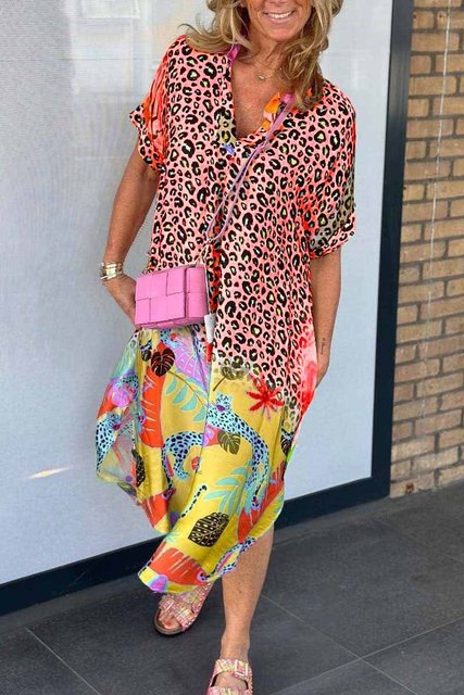 Leopard Print Patchwork Dresses Women V-neck Short Sleeves Pocket Loose Slit Midi Dress Fashion Casual Lady Vestidos Summer New