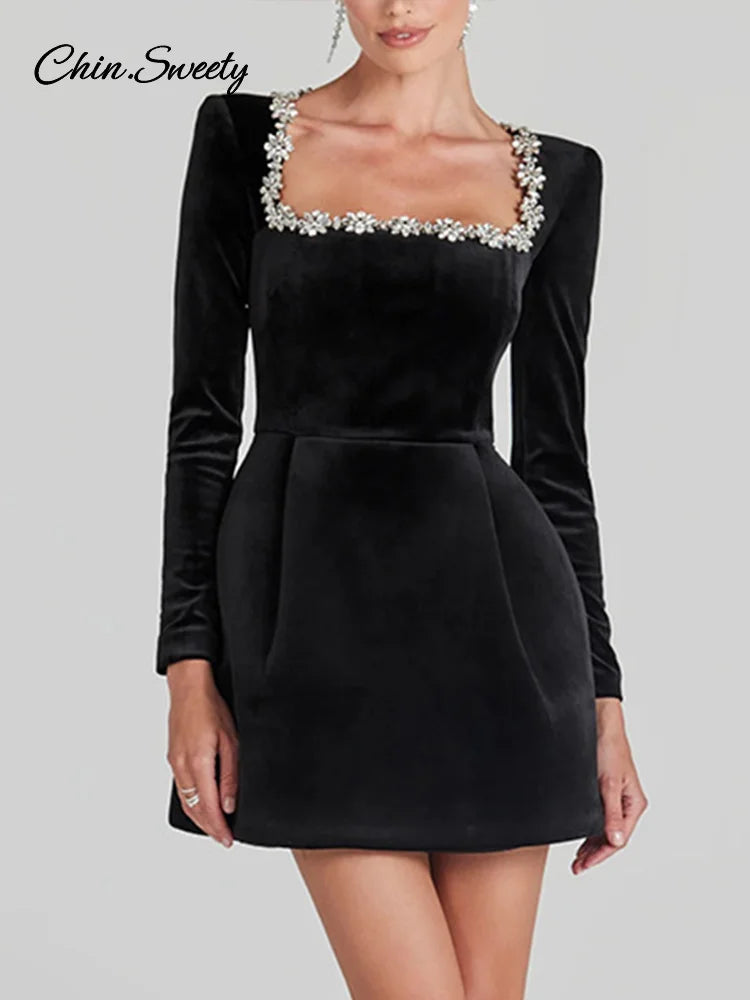 Vestido de terciopelo con cuello cuadrado y cuentas de manga larga para mujer, cintura alta, corte en A, para fiesta, Navidad y noche, nuevo