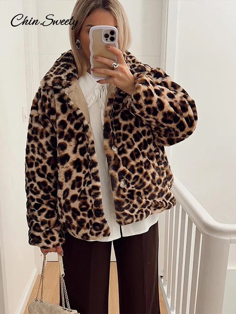 Leopard Double Side Women’s Quilted Parkas Vintage Long Sleeve Lapel Fleece Button Padded Coat 2025 New Lady Thick Warm Outwear