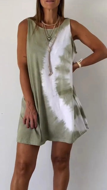 Vestidos cortos con estampado tie-dye degradado para mujer, novedad de verano 2025, moda holgada, cuello redondo, sin mangas, ropa de calle de moda, vestidos para mujer