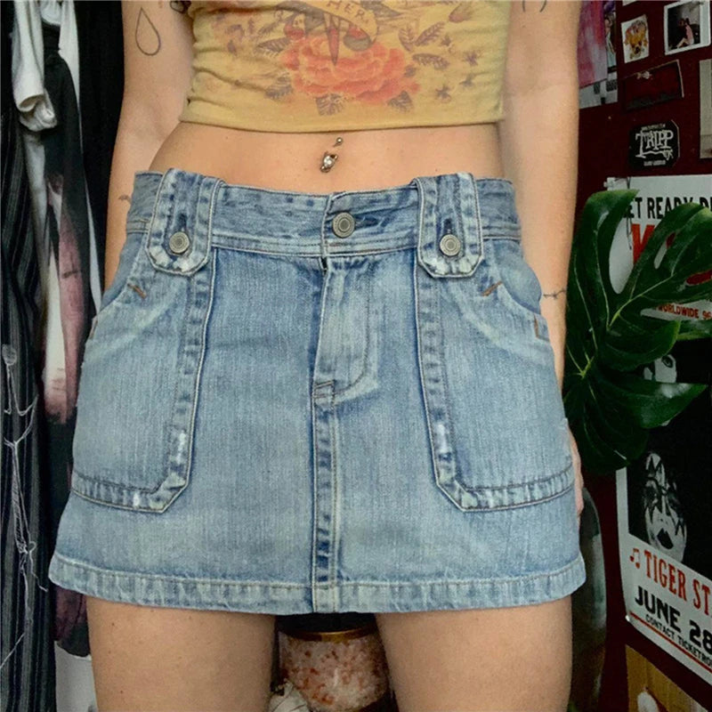 Falda vaquera estética de los años 2000 Y2K para mujer, estilo grunge Harajuku, minifalda vaquera corta con bolsillos, moda coreana, ropa de calle.