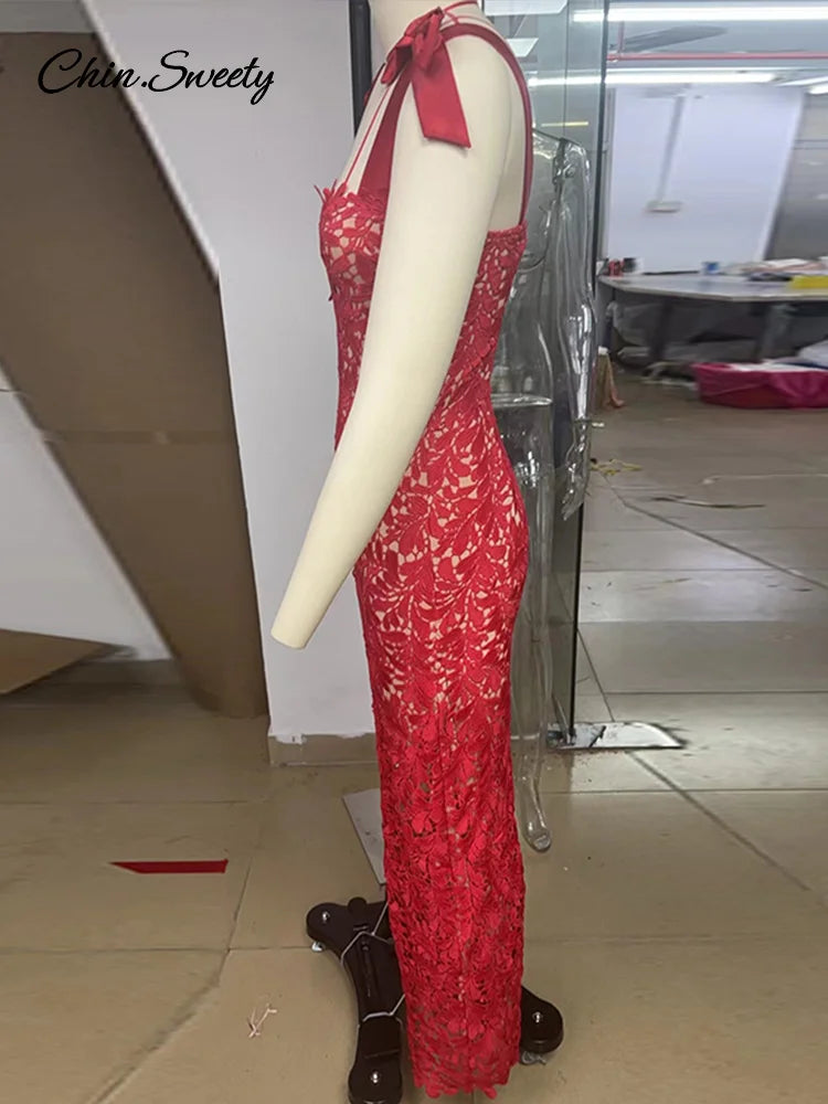 Vestido de fiesta largo rojo sexy con aberturas para mujer, con cordones, ajustado a la cadera, sin mangas, para Navidad, 2025