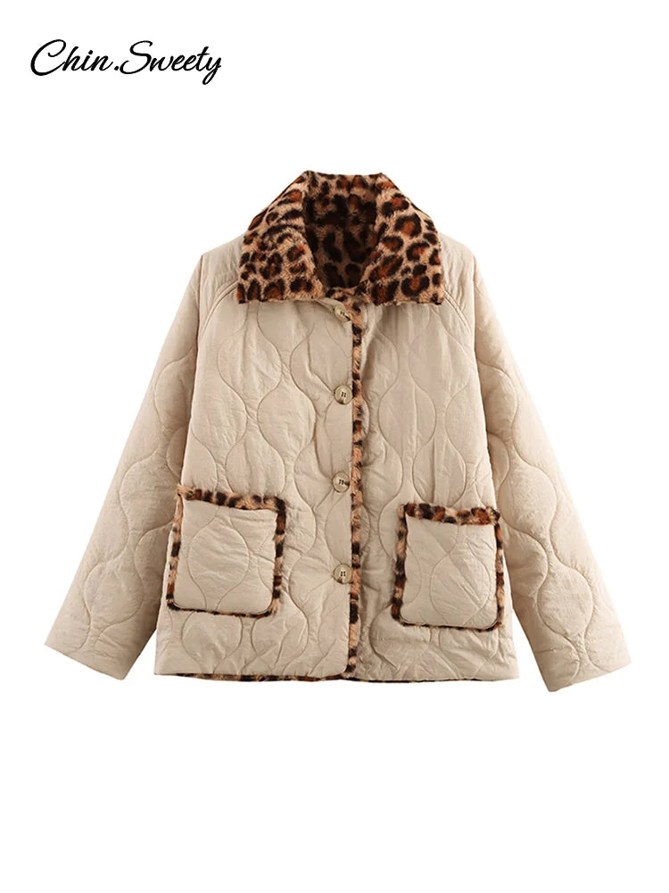 Leopard Double Side Women’s Quilted Parkas Vintage Long Sleeve Lapel Fleece Button Padded Coat 2025 New Lady Thick Warm Outwear