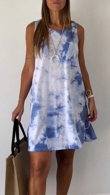 Vestidos cortos con estampado tie-dye degradado para mujer, novedad de verano 2025, moda holgada, cuello redondo, sin mangas, ropa de calle de moda, vestidos para mujer
