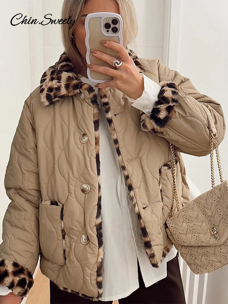 Leopard Double Side Women’s Quilted Parkas Vintage Long Sleeve Lapel Fleece Button Padded Coat 2025 New Lady Thick Warm Outwear