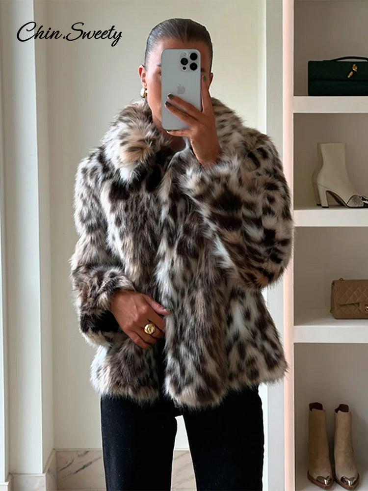 Leopard Print Faux Fur Short Coat Women Fashion Puff Plush Lapel Loose Button Jacket Female Winter Thick Warm Outerwear