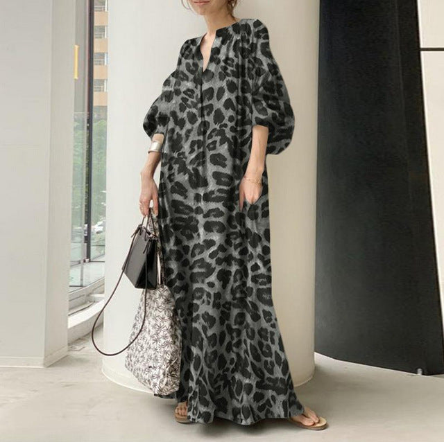 Leopard Print Long Dresses Women Fashion Temperament V-neck Puff Sleeves Loose Dress Trendy Bohemian Style Vestidos Spring New