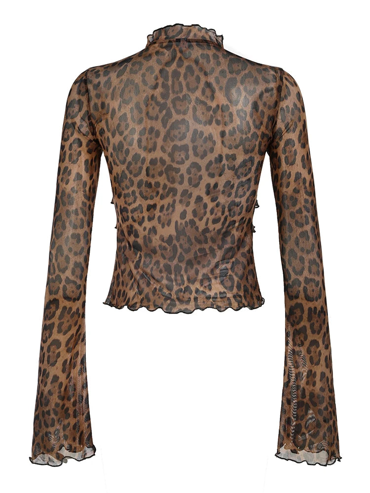 Leopard Print Lace-Up Blouse Shirts Women Semi-Sheer Mesh Elegant Fashion Sexy Flared Sleeve Ruffled Cardigan Tops