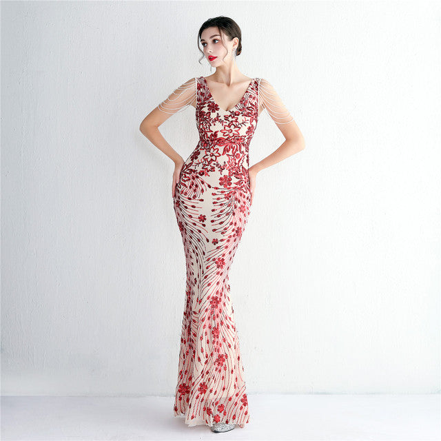 Vestido sexy sin mangas con escote en V, con piedras y cristales, lentejuelas y borlas, elegante, de fiesta, largo y de cintura alta.