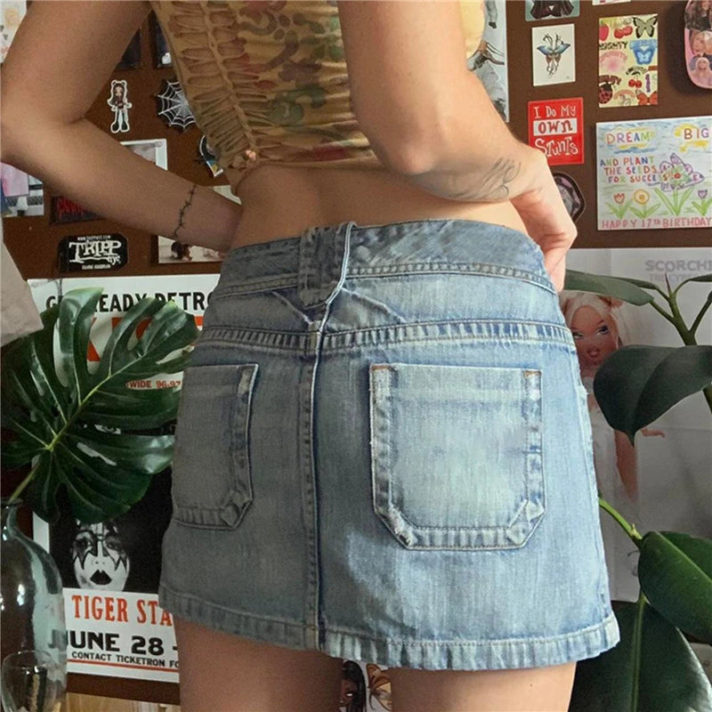 Falda vaquera estética de los años 2000 Y2K para mujer, estilo grunge Harajuku, minifalda vaquera corta con bolsillos, moda coreana, ropa de calle.