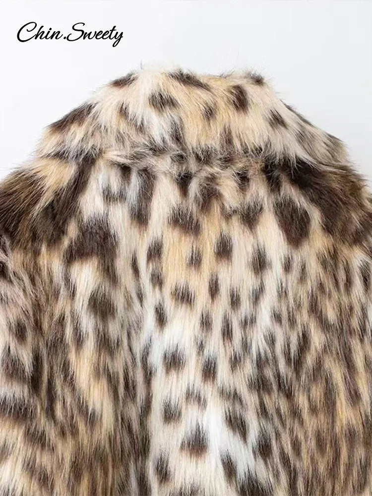 Leopard Print Faux Fur Short Coat Women Fashion Puff Plush Lapel Loose Button Jacket Female Winter Thick Warm Outerwear