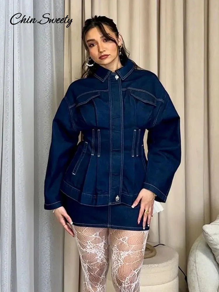 Chaqueta vaquera de calle para mujer, con solapa, mangas largas y cremallera, azul oscuro, cintura ceñida, abrigos vaqueros para mujer, primavera 2025, ropa exterior Y2K para mujer