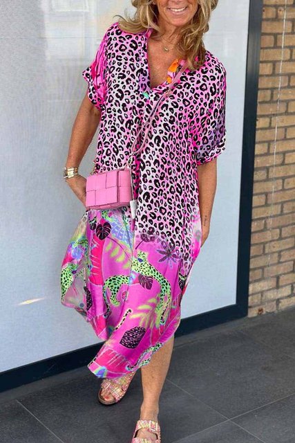 Leopard Print Patchwork Dresses Women V-neck Short Sleeves Pocket Loose Slit Midi Dress Fashion Casual Lady Vestidos Summer New