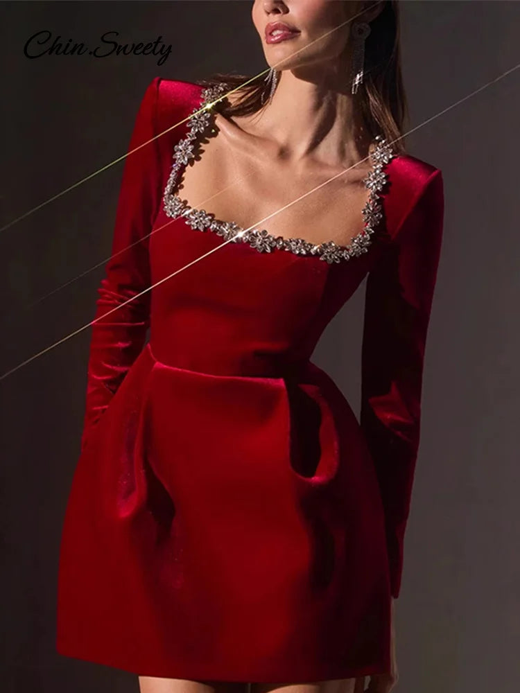 Vestido de terciopelo con cuello cuadrado y cuentas de manga larga para mujer, cintura alta, corte en A, para fiesta, Navidad y noche, nuevo