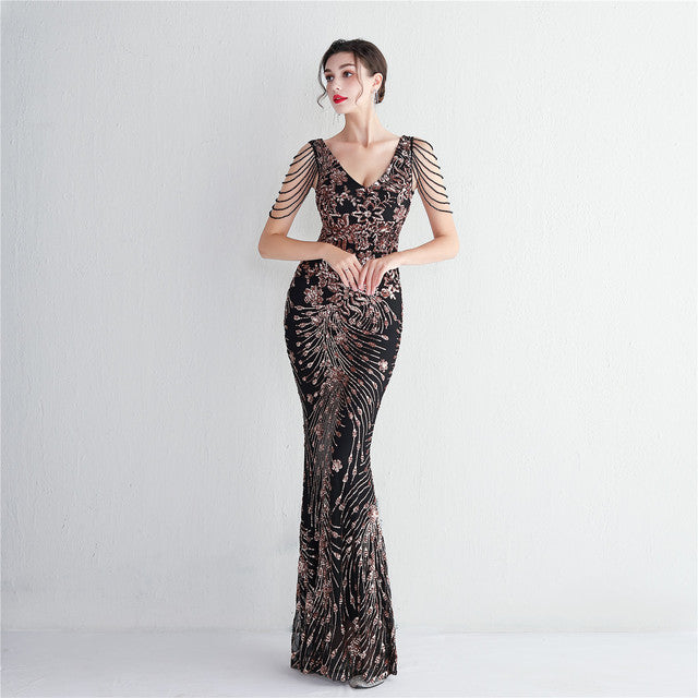 Vestido sexy sin mangas con escote en V, con piedras y cristales, lentejuelas y borlas, elegante, de fiesta, largo y de cintura alta.