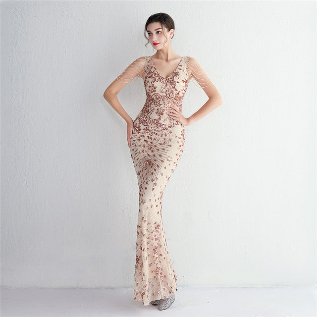 Vestido sexy sin mangas con escote en V, con piedras y cristales, lentejuelas y borlas, elegante, de fiesta, largo y de cintura alta.