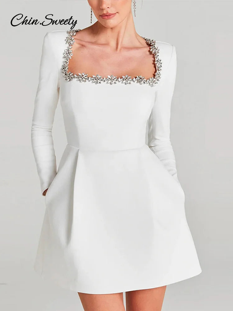 Vestido de terciopelo con cuello cuadrado y cuentas de manga larga para mujer, cintura alta, corte en A, para fiesta, Navidad y noche, nuevo