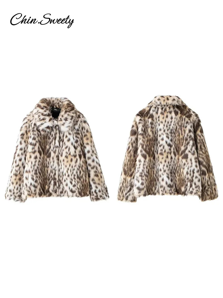 Leopard Print Faux Fur Short Coat Women Fashion Puff Plush Lapel Loose Button Jacket Female Winter Thick Warm Outerwear