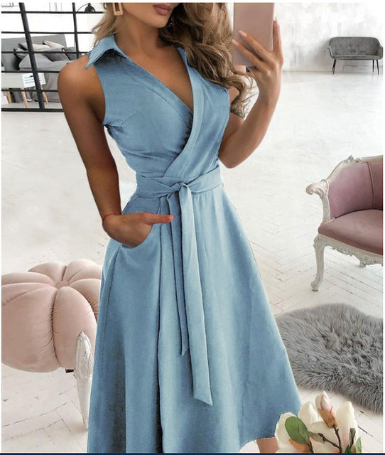 Vestidos sin mangas de color liso con temperamento para mujer, moda sexy con escote en V, ajustados, línea A, primavera y verano, nueva ropa para dama