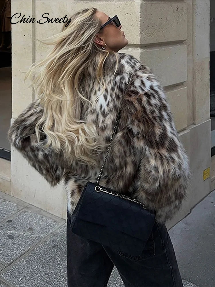 Leopard Print Faux Fur Short Coat Women Fashion Puff Plush Lapel Loose Button Jacket Female Winter Thick Warm Outerwear