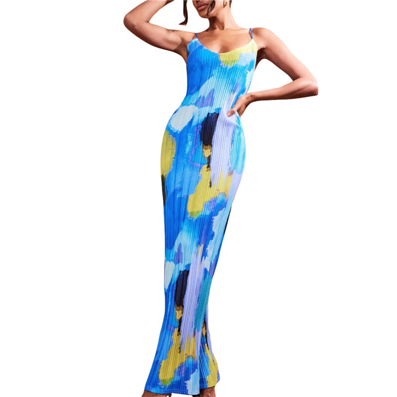 Vestido plisado para mujer, estampado floral/tie-dye/color liso, tirantes finos, sin mangas, para salir y fiestas.