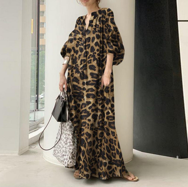 Leopard Print Long Dresses Women Fashion Temperament V-neck Puff Sleeves Loose Dress Trendy Bohemian Style Vestidos Spring New