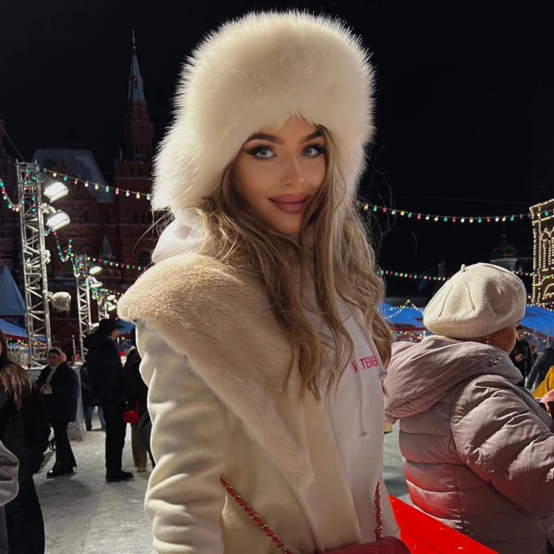 Winter Women Fluffy Furry Faux Fox Fur Bomber Hats Flaps Luxury Vintage Y2k Girls Warm Earflap Snow Ski Hat Caps Russian