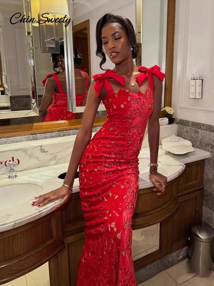 Vestido de fiesta largo rojo sexy con aberturas para mujer, con cordones, ajustado a la cadera, sin mangas, para Navidad, 2025