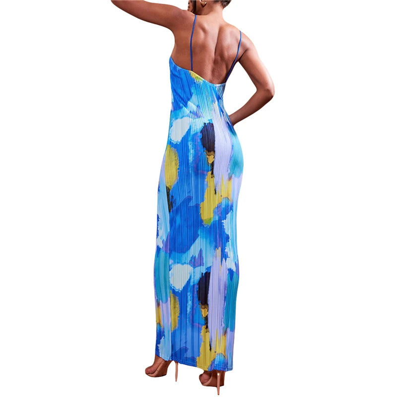 Vestido plisado para mujer, estampado floral/tie-dye/color liso, tirantes finos, sin mangas, para salir y fiestas.