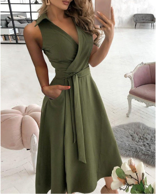 Vestidos sin mangas de color liso con temperamento para mujer, moda sexy con escote en V, ajustados, línea A, primavera y verano, nueva ropa para dama